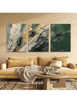 3'lü Kanvas Tablo Seti Yağlı Boya Görünümlü Yeşil Beyaz Tüyler 70 x 100 GARTNM1722