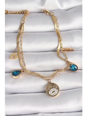 Renas Store 316L Çelik Gold Renk Zirkon Taşlı Göz Işleme Figür Kadın Bileklik - TJ-BB6501