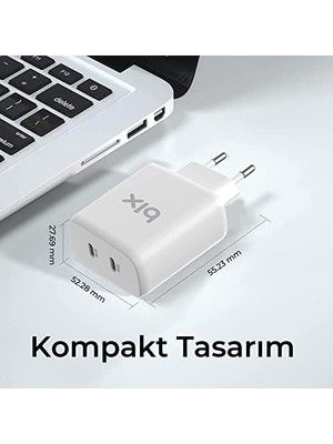 Bix BX2P50 50W Pd 2*type-C Girişli Gelişmiş Şarj Teknolojisi ile Donatılmış Seyahat Adaptörü