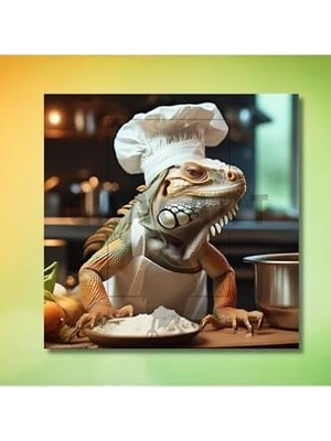Kare Kanvas Mutfak Tablosu Aşçı Hayvanlar Renkli Iguana, 70 x 70