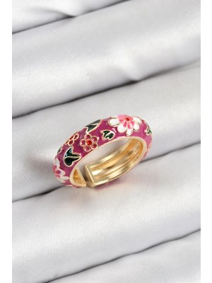 Renas Store Pirinç Fuşya Mineli Çiçek Motifli Gold Renk Ayarlanabilir Kadın Yüzük - TJ-BYK3807