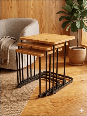 Mervish Decor 3’lü Tekerlekli Siyah Metal Çam Desenli Zigon Sehpa & Yan Sehpa Takımı