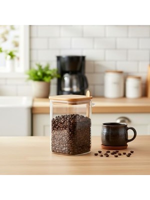 Bambu Kapaklı ve Kaşıklı Kare Cam Kavanoz – 1200ML Vakumlu Erzak ve Bakliyat Saklama Kabı, Hava Almayan Kahve, Tuz ve Şeker Organizeri (Kaşık Bölmeli)