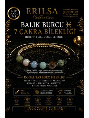 Erilsa Sertifikalı Balık Burcu 7 Çakra Doğal Taş Bileklik - Ayarlamalı Unisex Lüks Hem Bileklik Hem Halhal