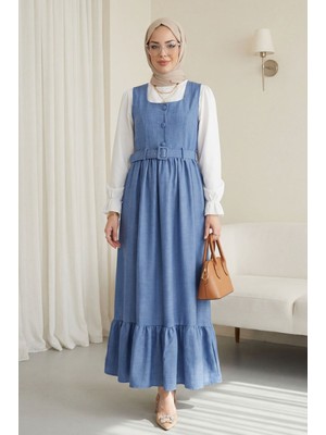 Moda Morfo Top Düğmeli Altı Fırfırlı Beli Kemerli  Jile Elbise   -Indigo