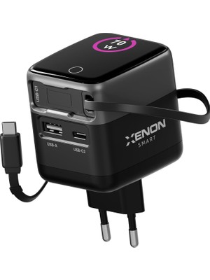 Smart Hızlı Şarj Adaptörü | 70W Gan Usb-C & Usb-A Dahili Type-C Kablo Pd Pps Dijital Ekran X6413