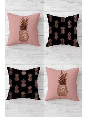 Pelangi Rose Ananas Desenli Gizli Fermuarlı Kırlent Kılıfı Koltuk Yastık Kılıfı TAKIM(4ADET), Pembe-Siyah 45 x 45