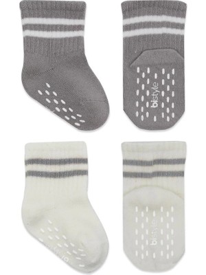 Renas Store Çemberli Kaymaz Soket Çorap 2'li BS10125 Gri Ekru