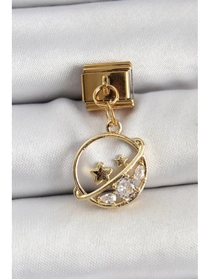 Renas Store 316L Çelik Sallantılı Zirkon Taşlı Satürn Model Gold Renk Nomination Charm - TJ-BC1418