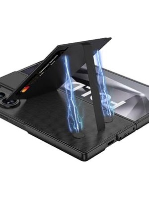 Galaxy Z Fold 6 Kılıf Karbon Fiber Deri Kartlıklı Kıpta Dik Açılan Kartlıklı Kapak-Siyah