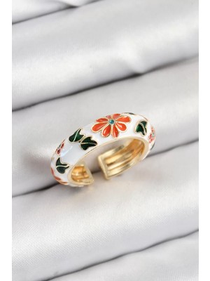 Renas Store Pirinç Beyaz Mineli Çiçek Motifli Gold Renk Ayarlanabilir Kadın Yüzük - TJ-BYK3806