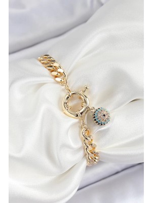 Renas Store Pirinç Nazar Model Zirkon Taşlı Gold Renk Vi̇p Seri Kadın Bileklik - TJ-BB7210