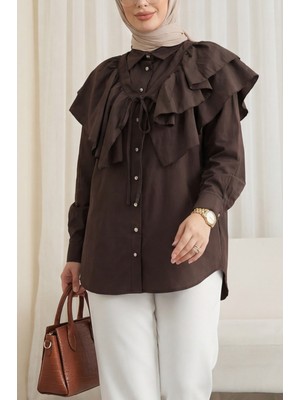 Moda Morfo Pelerin Detaylı Düğmeli Oval Kesim Poplin Tunik -K. Kahve
