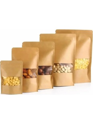 Die Grup 50'li Paket Pencereli Kraft Doypack Poşetler, Çok Amaçlı Gıda Saklama