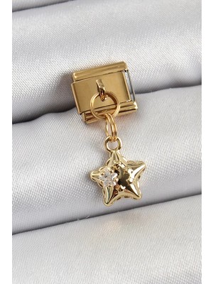 Renas Store 316L Çelik Sallantılı Zirkon Taşlı Yıldız Model Gold Renk Nomination Charm - TJ-BC1402