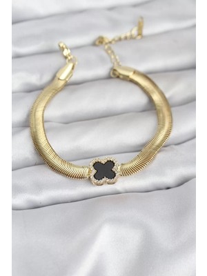 Renas Store 316L Çelik Gold Renk Siyah Yonca Model Zirkon Taşlı Yılan Zincirli Kadın Bileklik - TJ-BB8156