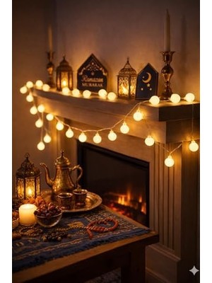 Ramazan Süsleri, Ramazan Tavan Süsü 1,5 Metre Beyaz Boncuk LED Sarı Işıklar Işıkları Aydınlatmalı Şerit LED Ramazan Süsü LED Işık