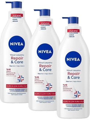 Yoğun Nemlendirici Repair & Care Vücut Losyonu 400ML, 72 Saat Nemlendirime, Kaşıntılı ve Hassas Ciltlere Özel, Onarıcı, Gliserin,pro Vitamin B5,niasinamid,kuru Ciltler (3 Paketi)