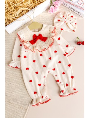 Babymod Kalp Desenli Şapkalı 100% Pamuk Kız Bebek Tulum