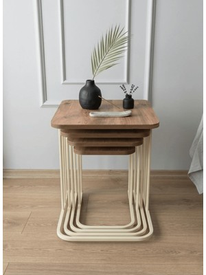 Mervish Decor 4’lü Tekerlekli C Zigon Sehpa Krem Metal Çam Desenli