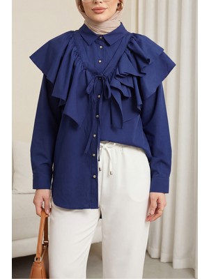 Moda Morfo Pelerin Detaylı Düğmeli Oval Kesim Poplin Tunik -Laci