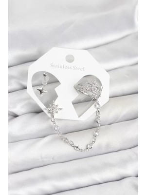 Renas Store Kutup Yıldızı Model Pirinç Gümüş Renk Zincir Bağlantılı Ear Cuff Küpe Seti - TJ-BKP11551