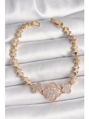 Renas Store Pirinç Gold Renk Zirkon Taşlı Yonca Model Zincir Kadın Bileklik - TJ-BB6822
