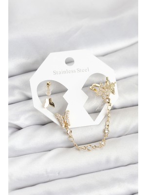 Onba Pirinç Gold Renk Kelebek Model Zincir Bağlantılı Ear Cuff Küpe Seti 5886 - OB9090-6057