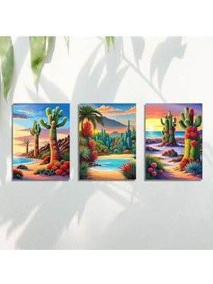 3'lü Kanvas Tablo Seti Yapay Zeka Renkli Kaktüsler ve Manzara 30 x 40 GARTNM1686