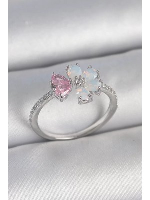 Renas Store Pirinç Gümüş Renk Beyaz Mineli Pembe Zirkon Taşlı Çiçek Model Kadın Yüzük - TJ-BYK3708