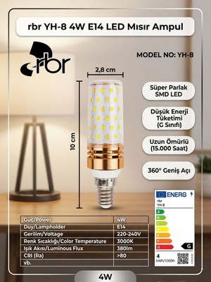 Rbr E14 LED Mısır Ampul 3000K Gün Işığı 380 Lm Tasarruflu Dekoratif Ampul