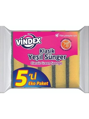 Omrs Store Vindex Klasik Yeşil Bulaşık Süngeri, 5'li Ekonomik Paket, Mutfak Temizliği Için