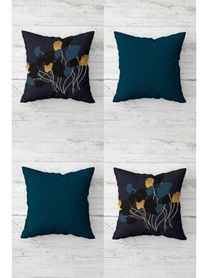 Omrs Store Pelangi Gelincik Desenli Gizli Fermuarlı Kırlent Kılıfı Koltuk Yastık Kılıfı TAKIM(4ADET), Hardal-Lacivert 45 x 45