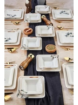 Omrs Store Erbaşlar Lüx Seramik Çiçeği 24 Parça 6 Kişilik Yemek Takımı, Seti Gri
