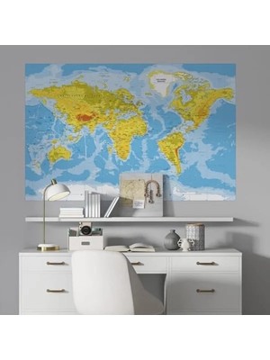 Die Grup Fiziki Dünya Haritası Duvar Sticker, 70X105 cm Eğitici ve Bilgilendirici