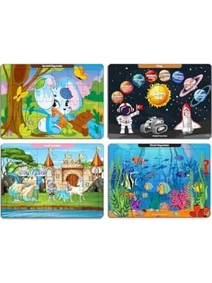 Omrs Store Notpa Çocuklar Için Eğitici ve Öğretici Ahşap 24 Parça Renkli Puzzle 4'lü Set, Mdf Malzeme, 2 Yaş ve Üzeri, Deniz Hayvanları Uzay Kaşif Çocuklar Sevimli Hayvanlar Temalı, 4LÜPUZZLESET12