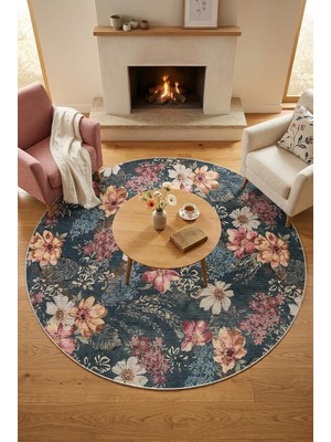 Omrs Store Nelis Çiçekli Şönil Doğal Pamuk Tabanlı Yuvarlak Salon Halısı Kaymaz Yıkanabilir Çevre Dostu (Yuvarlak, 160X160)