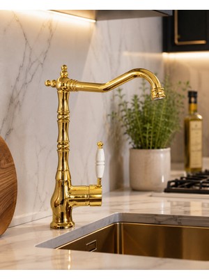 VİTKARSU ARMATÜR Vintage Tasarım Rustik Mix Kuğu Mutfak Eviye Bataryası ( Gold Renk )