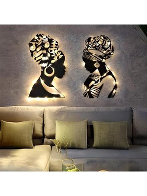 Omrs Store Afrikalı Anne ve Kız LED Işıklı Metal Duvar Dekoru Seti, Günü Hediyesi