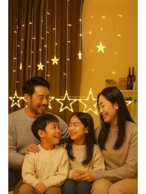 Omrs Store Dekoratif LED Işık 3 Metre Yıldız Figürlü Perde Süsleme Işığı Yılbaşı Doğum Günü Ramazan Parti ve Ev Dekorasyon LED Işık