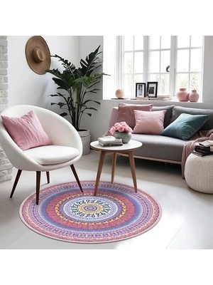 Omrs Store Yelva Kadife Kaymaz Pamuk Tabanlı Yıkanabilir Antibakteriyel Yuvarlak Salon Halısı 120X120
