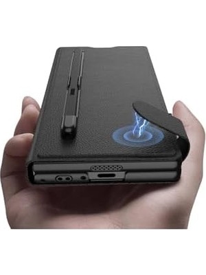 Omrs Store Galaxy Z Fold 6 Deri Tasarımlı Kalem Bölmeli Kıpta Kartlıklı Standlı Kapak-Siyah Litchi