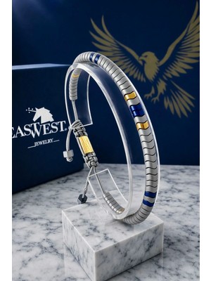 EastWest 925 Ayar Gümüş Snake Serisi Mat Gri Hematit Taşı Bileklik-Fenerbahçe Sarı Lacivert