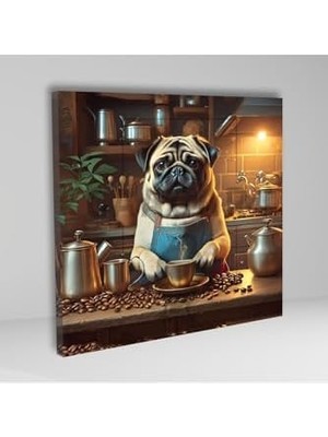 Omrs Store Kare Kanvas Kahve Köşesi Cafe Tablosu Barista Pug Köpek, 70 x 70