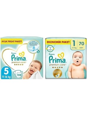Tech Butiq Bebek Bezi Premium Care 5 Beden 108 Adet Junior Aylık Fırsat Paketi & Bebek Bezi Premium Care 1 Beden 70 Adet Yenidoğan Paket