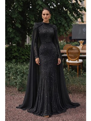 Olcay Pelerin Detaylı Taş ve Pul Bezeli Exclusive Tesettür Abiye Elbise SİYAH 1081