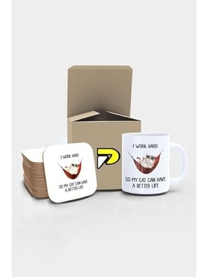 Tech Butiq Work Hard For Cat Kedi Komik Tasarımlı Baskılı Kupa Bardak Seti, Eğlenceli Özel Hediye Mug