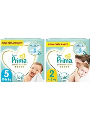 Tech Butiq Bebek Bezi Premium Care 5 Beden 108 Adet Junior Aylık Fırsat Paketi & Bebek Bezi Premium Care 2 Beden 60 Adet Mini Paket