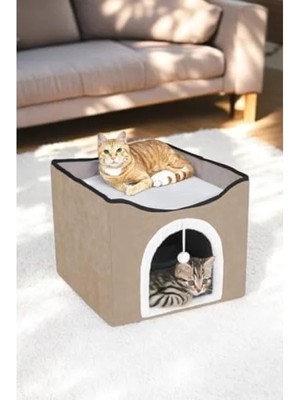 Die Grup Katlanır Taşınabilir Çok Fonksiyonlu Kapalı Kedi Evi Yatağı, Kahverengi