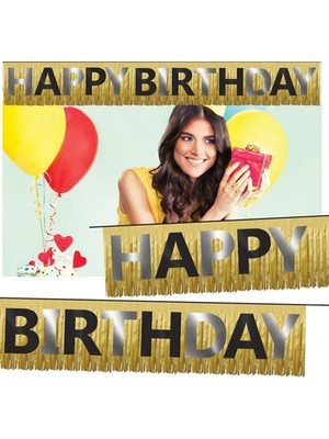 Hayaller Dükkanı Happy Birthday Banner Püsküllü Metalize Altın P1